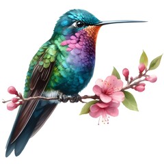 watercolour Hummingbird with flower on a pure white background
