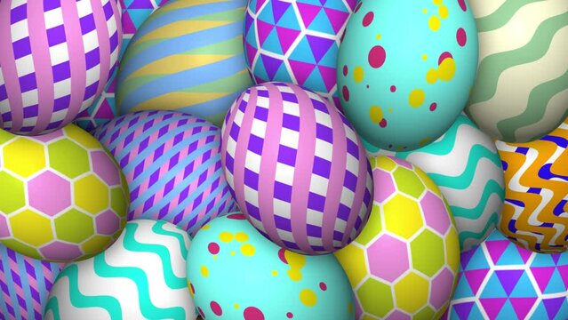 Full screen fill with beautiful eggs in different designs. Animation of Easter eggs. Colorful easter eggs background.