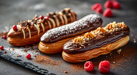 A set of different eclairs with filling.