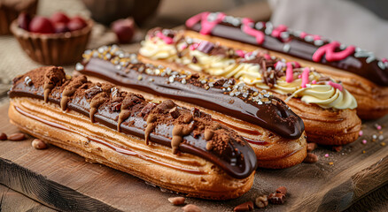 A set of different eclairs with filling.