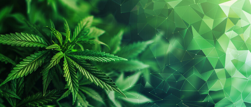 The image shows a cannabis plant enveloped in a complex pattern of green geometric shapes, representing an intersection of nature and digital art