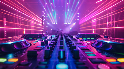 A shot of the DJ booth at a concert party, with the DJ pumping up the crowd with high-energy beats...