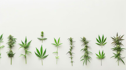 Several types of cannabis leaves and buds displayed in a variety of arrangements on white - obrazy, fototapety, plakaty