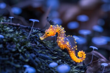 The marine seahorse glows with luminescent against of the dark sea professional photography