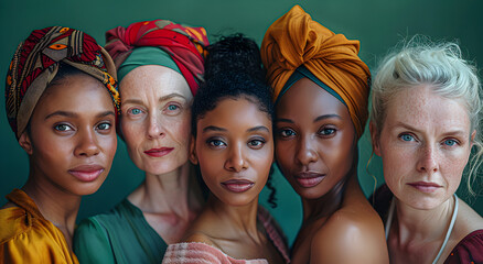 A group of women of different ages and nationalities posing together, against a green background. - obrazy, fototapety, plakaty