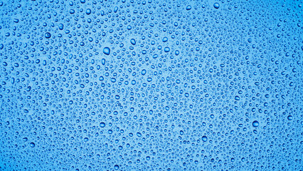 Abstract backgrounds with water bubbles. Transparent blue glass background with water drops backlit