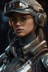 Cyberpunk Style. Portrait of a Young Woman in a Hat and Protective Goggles - obrazy, fototapety, plakaty