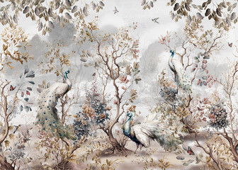 pattern wallpaper with white peacock birds with trees plants and birds in a vintage style landscape gray background.