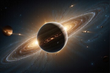 The image shows what the galaxy is, realistic, photorealistic, space, trajectories of the planets