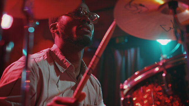 A shot of the drummer at a concert party, pounding out thunderous beats and driving the rhythm of the music, their face contorted in concentration as they lose themselves in the groove.