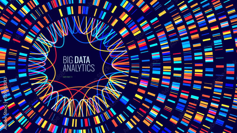 Poster Circular Big Data Graph. DNA Test Infographic. Genome Sequence Map. Chromosome Architecture, Molecule Sequencing Chart. Genetic Science and Technology Concept. Vector Illustration Background.