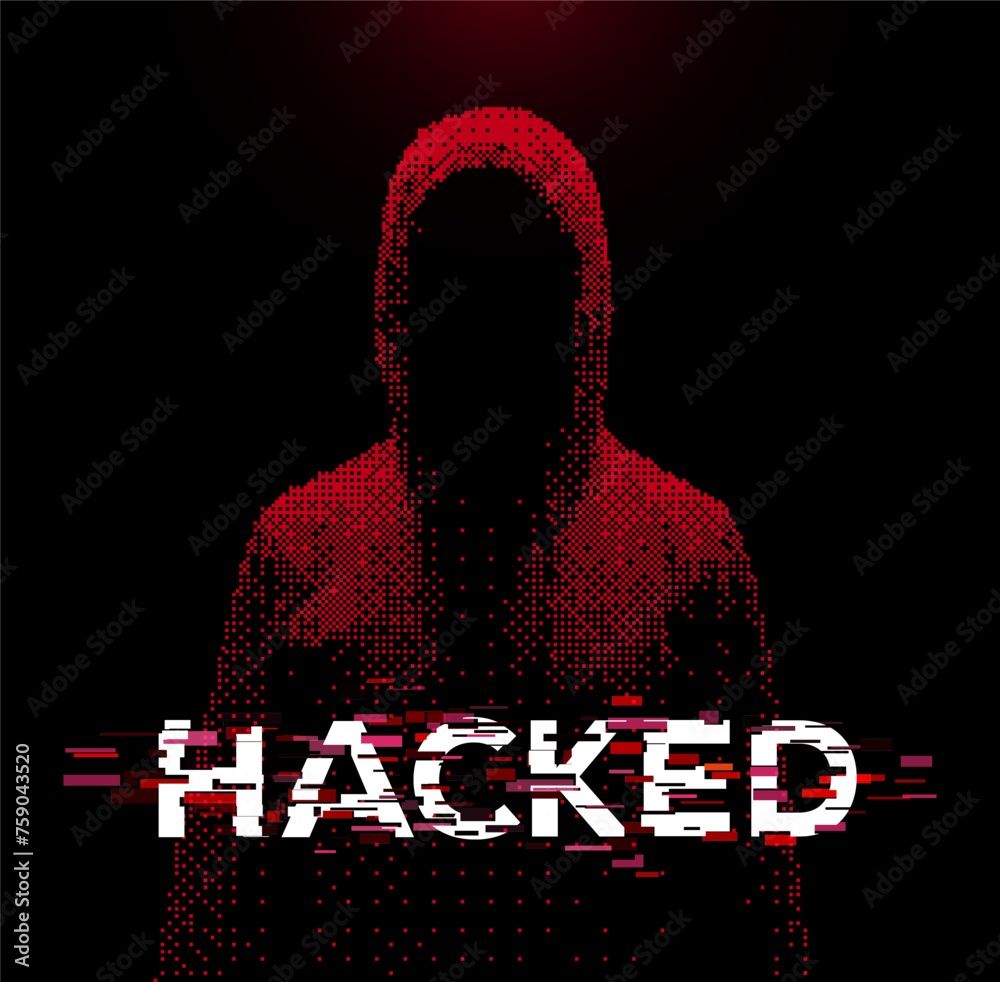 Poster hacked. anonymous person in hood pixel art. mysterious man with hoodie silhouette. personal data sec