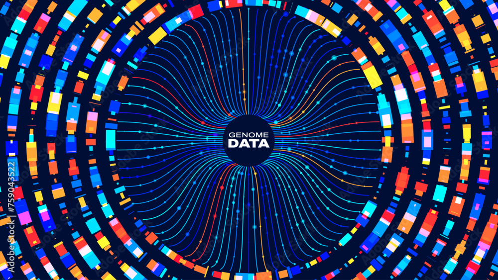 Poster Circular Big Data Graph. DNA Test Infographic. Genome Sequence Map. Chromosome Architecture, Molecule Sequencing Chart. Genetic Science and Technology Concept. Vector Illustration Background.