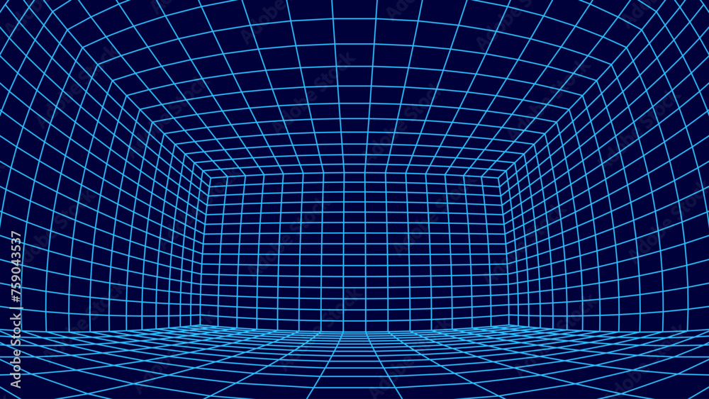 Poster synthwave grid vr 3d room with fisheye lens effect. grid frame retrowave party flyer background. abs