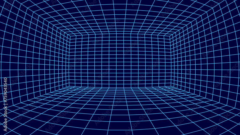 Poster Synthwave Grid VR 3D Room with Fisheye Lens Effect. Grid Frame Retrowave Party Flyer Background. Abstract Digital Background. Vintage Computer Virtual Reality VR Tunnel Technology Vector Illustration.