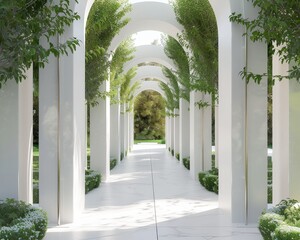 Cathedral garden arch in marble minimalist paths weaving through greenery