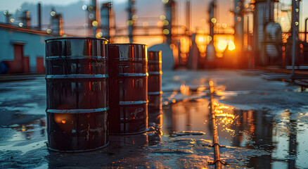 Oil barrels in the background of an oil company.