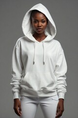 African Woman with Short Hair in White Hoodie by White Wall