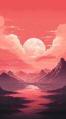 a pink sky with clouds and mountains - obrazy, fototapety, plakaty