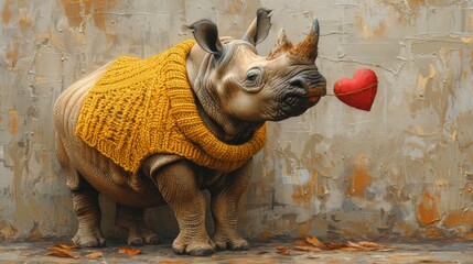 a rhinoceros wearing a sweater and holding a red object in it's mouth while standing in front of a wall.