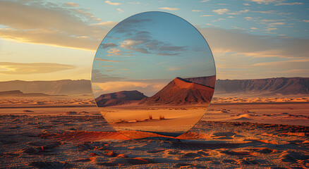 Round mirror in the desert. Reflection of nature