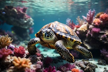 Fototapeta premium Turtle Swimming among Colorful Coral Reef: Underwater World of Mysterious Beauty