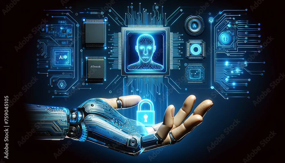 Poster cyborg hands with digital padlock on digital microcircuits background to secure data. cyber security