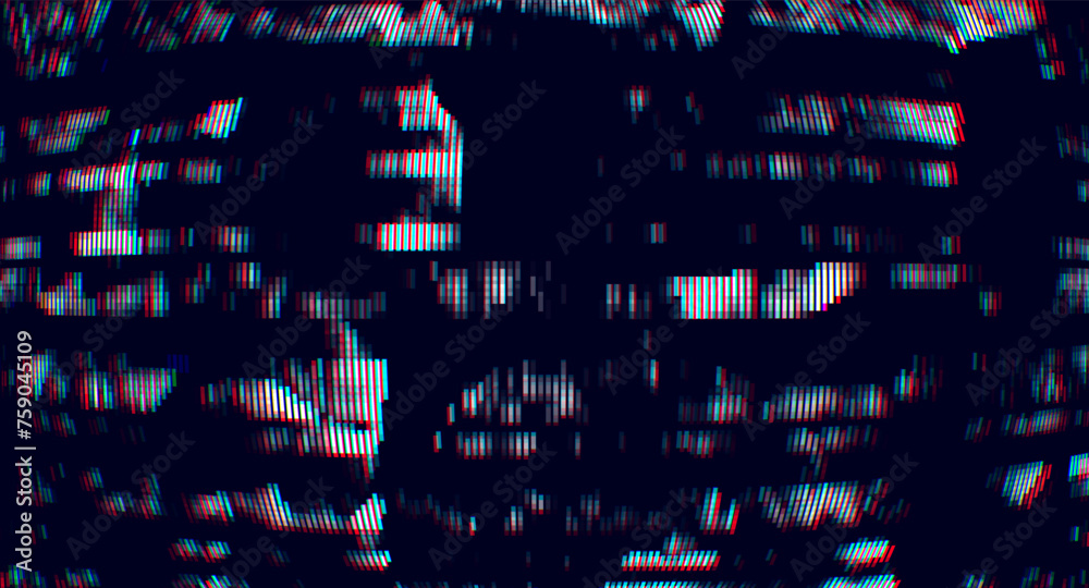 Poster Colorful Glitch Screen Effect Background. Abstract Digital Pixel Dots Noise Glitch Error. VHS CRT Overlay Effect. Video Damage Overlay Background. Vector Illustration.