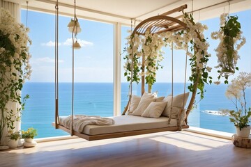 Living Room with Ocean View: Relaxing on Swings with Soft Cushions and Jasmine Scent