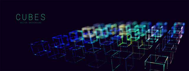 Obraz premium Blockchain Abstract Cubes Technology Background. Artificial Intelligence Data Cells Concept. Big Data Visualization. Vector Illustration.