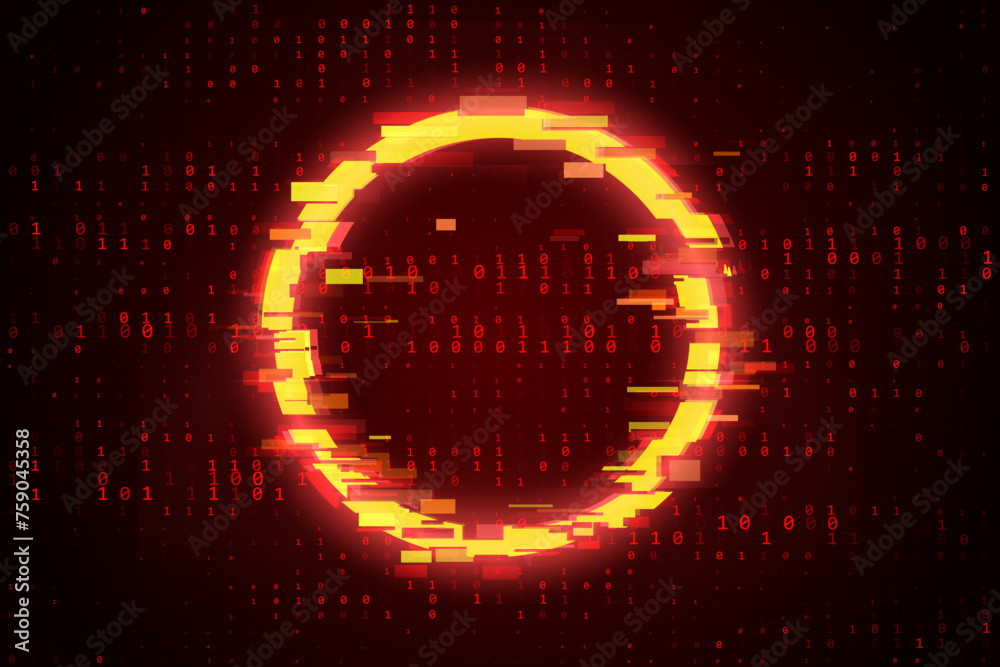 Fototapete Glitched Circle Attention Symbol. Red Binary Glitch Screen Background. Computer Hacked Error Concept. Vector Illustration.