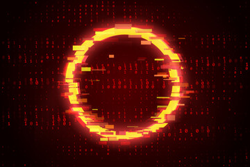Glitched Circle Attention Symbol. Red Binary Glitch Screen Background. Computer Hacked Error Concept. Vector Illustration.