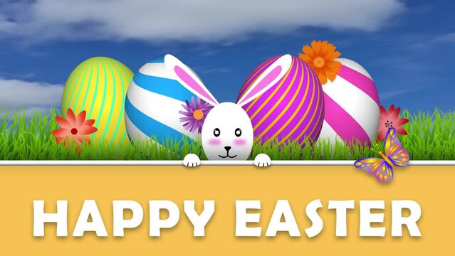 Happy easter blessings animation. Cute bunny with decorated eggs and butterfly. Easter holiday greetings, wishes and blessings animation.
