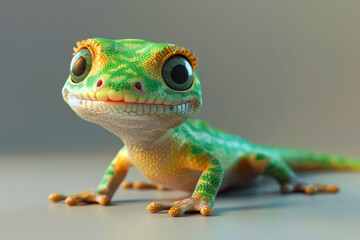 Fototapeta premium A cute little orange lizard is smiling at the camera. The lizard is small and has a bright orange color. 3d cute cartoon little gecko