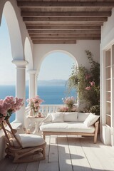 White Sofa on Wooden Veranda by the Pool: Luxury Living on Greek Patio