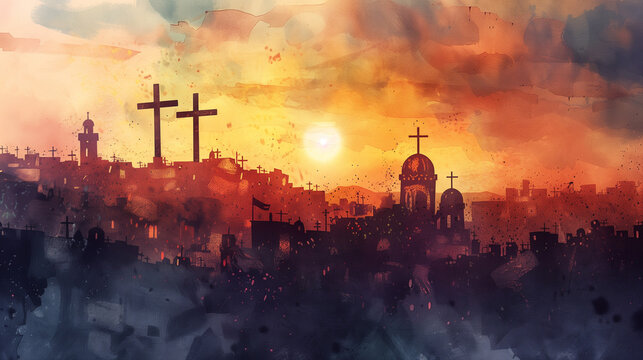 View on the three Crosses on Golgotha from the Holy Sepulchre at sunrise. Digital watercolor painting illustration