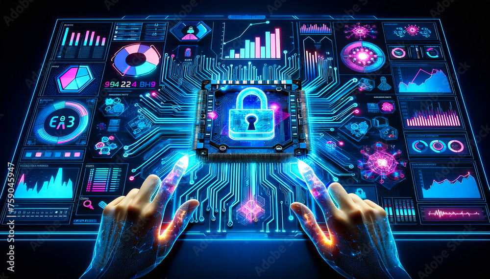 Poster human hands using digital padlock on digital microcircuits background to secure data. cyber security