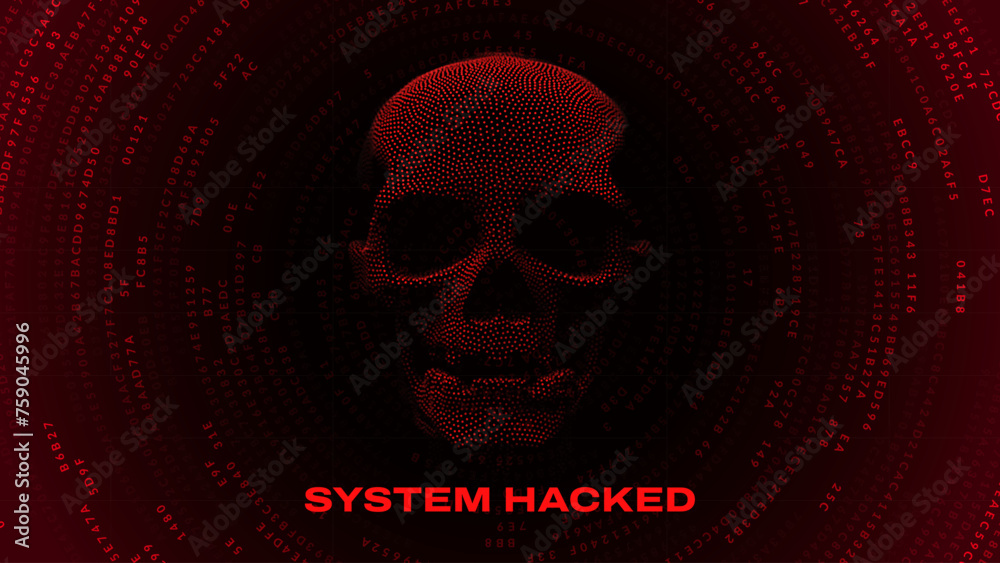 Fototapete Abstract Skull Shape Binary Code. System Hacking Attack. Online Security and Safety Concept. Glitch 3D Skull Mesh Malware Attention Sign. Computer Hacked Error Concept. Vector Illustration.