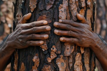 African American man's hands hugging the trunk of a tree. The concept of solitude with nature and...
