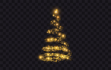 Golden Christmas Tree Glitter Particles Isolated on Transparent Background. New Year Sparkling Lights. Special Event, Luxury Card, Rich Style. Vector Illustration.