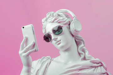 Statue of Venus with headphones and mobile phone on pink background.