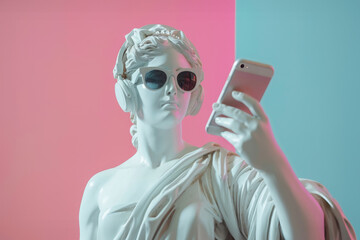 White sculpture of Aphrodite wearing sunglasses and holding a cell phone on a pink and blue background