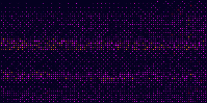 Horizontal Banner or Background with Purple Glitters, Sparkles, Dots. Disco Party Dots Light Music with Shiny Sequins. Violet Glitter Texture. Colorful Falling Dots. Vector Illustration.