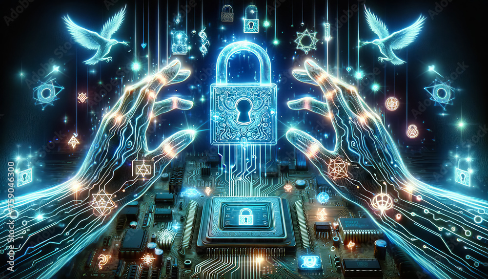 Poster human hands using digital padlock on digital microcircuits background to secure data. cyber security