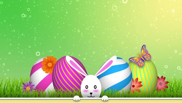 Cute bunny, decorated eggs, colourful flowers and butterfly behind the wall animation for easter holiday celebration.
