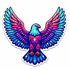 sticker design of a front facing eagle with rainbow colored wings flying isolated on white background