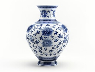 A classic blue porcelain vase sits against an isolated white background, exuding timeless elegance and charm.