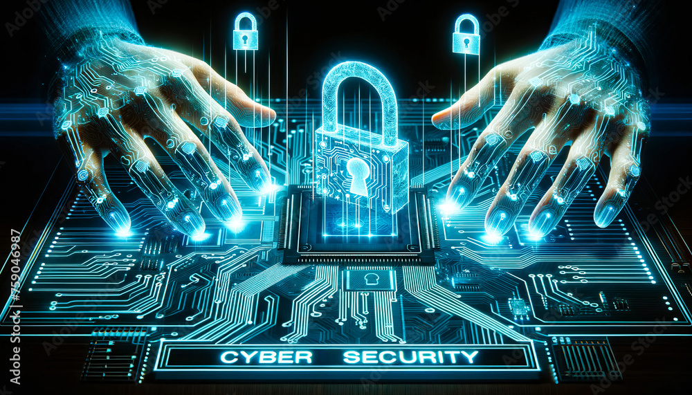 Poster human hands using digital padlock on digital microcircuits background to secure data. cyber security