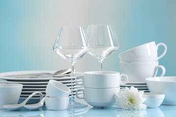 Fototapeta na wymiar Set of many clean dishware, flower and glasses on light blue table