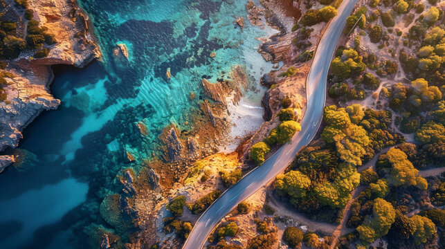 The image offers a mesmerizing aerial perspective of a dramatic coastline with rocky outcrops and a winding road